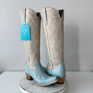 Lane SANDAGA Knee High Womens Cowboy Boots Blue Ostrich Western Tall Size 8.5